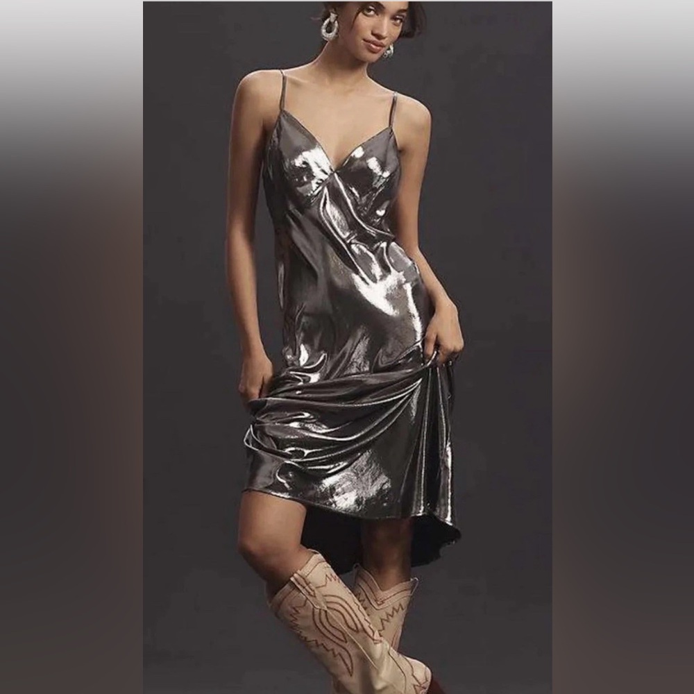 BY ANTHROPOLOGIE METALLIC V-NECK MIDI SLIP DRESS